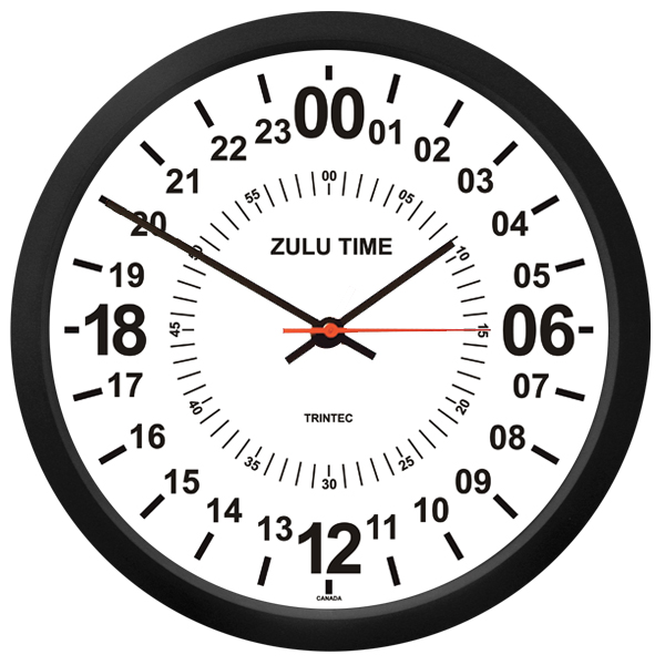 Trintec Dispatch Zulu Dual Time Wall Clock 10 DSP04 All Black with White Moon UTC 