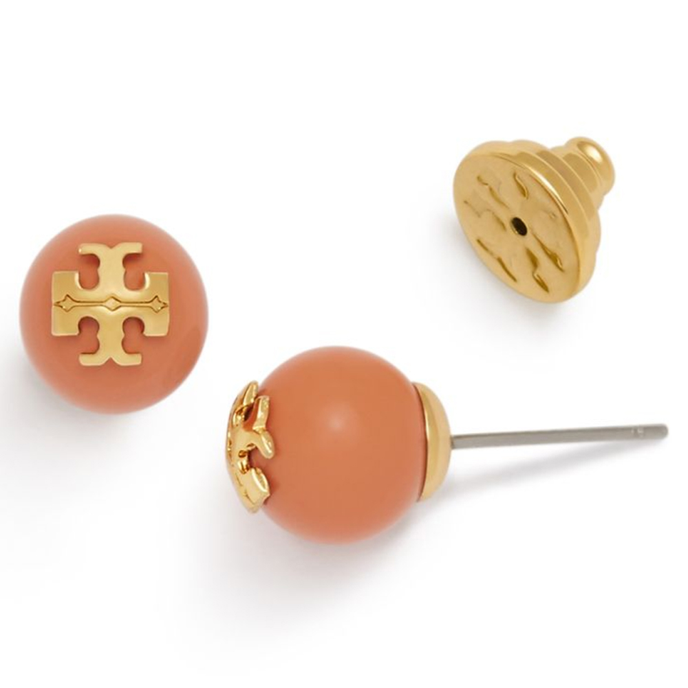 Tory Burch Coral Crystal Pearl Stud Earrings with T-Logo