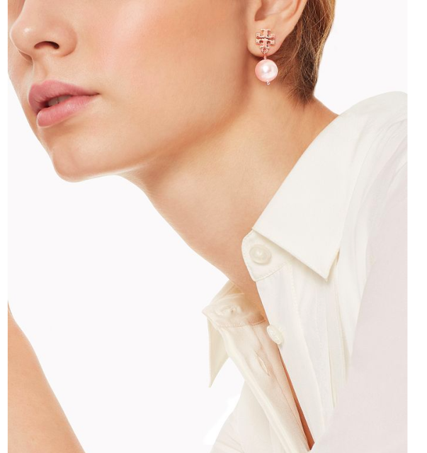 Tory Burch Evie Crystal Pearl Drop Logo Earrings 16K Rose Gold