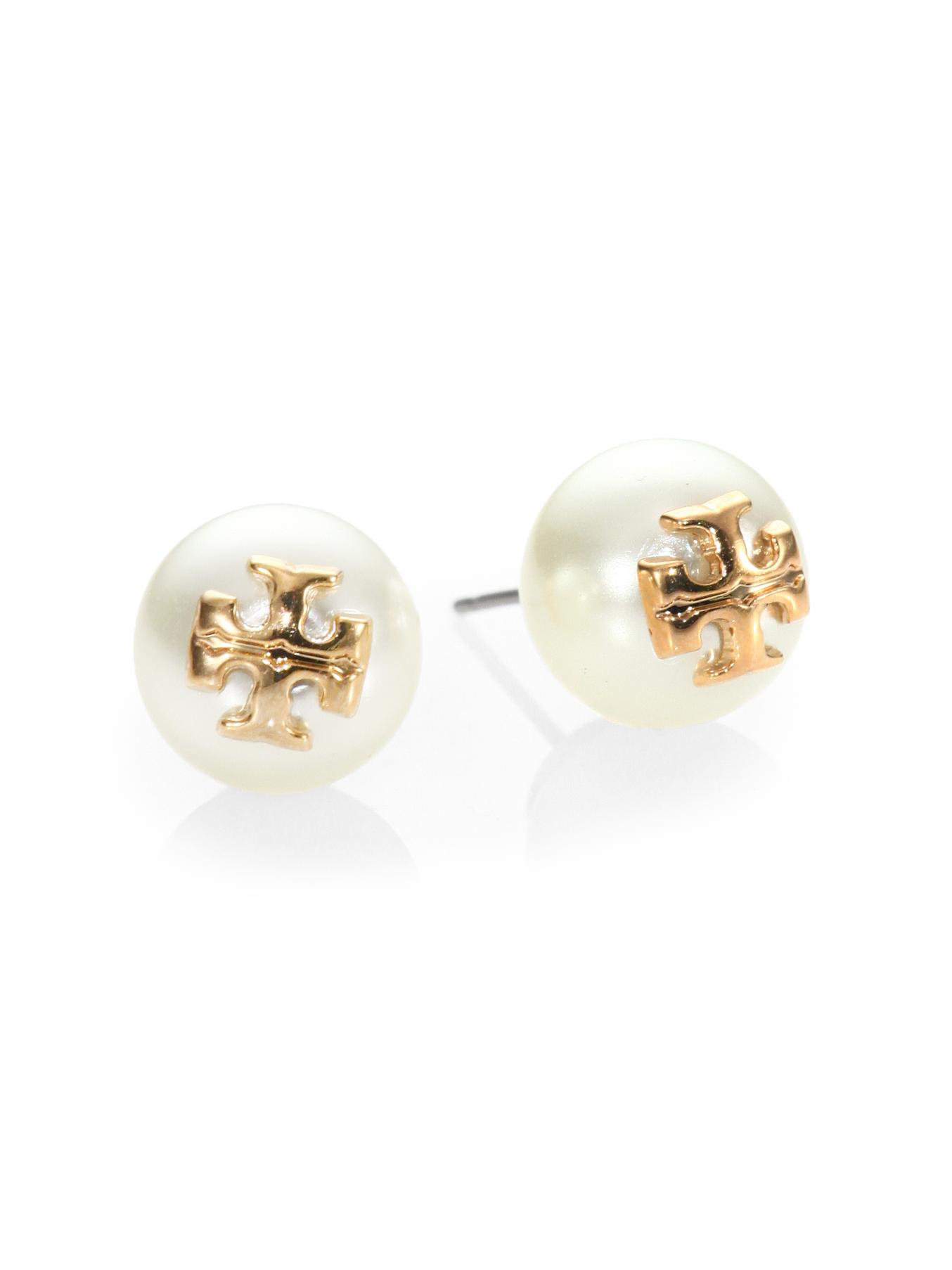 Tory Burch Evie Ivory Crystal Pearl Stud Earrings with T-Logo