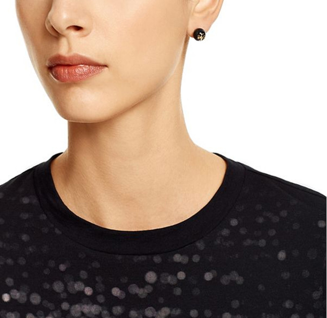 Tory Burch Evie Black Crystal Pearl Stud Earrings with T-Logo