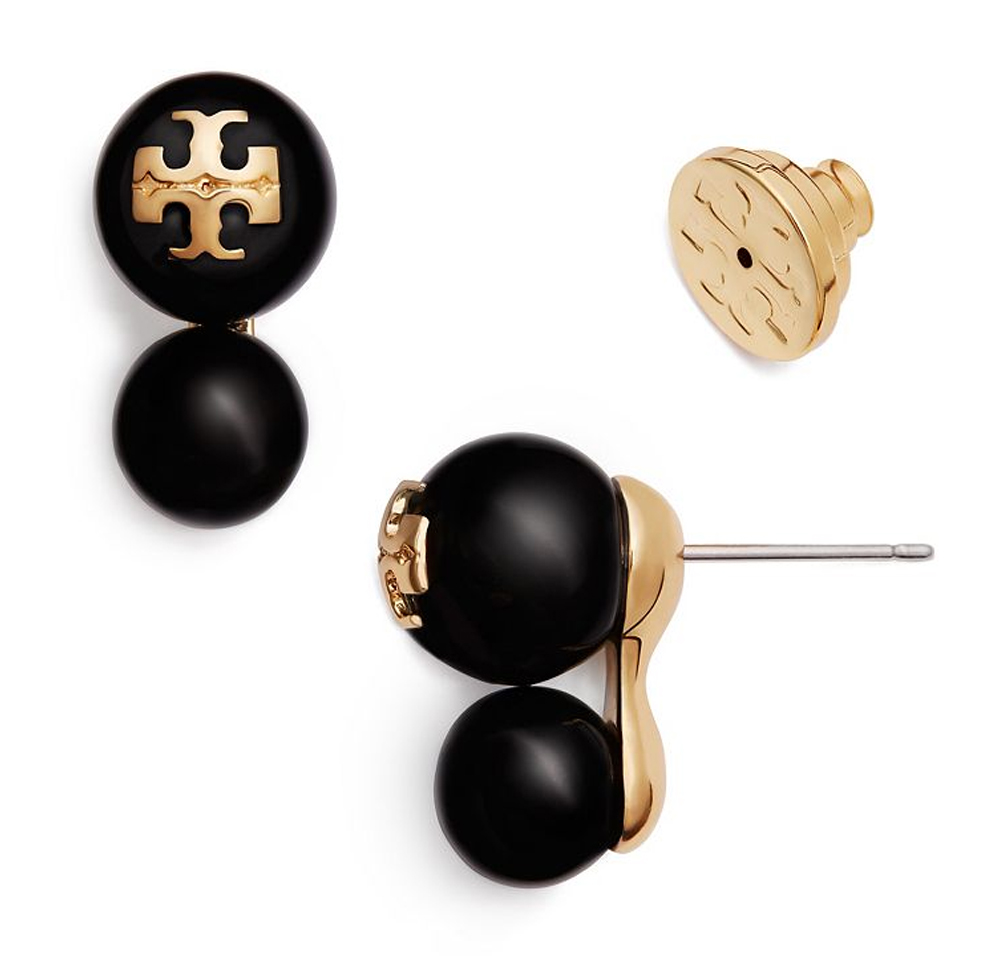 Tory Burch Evie Black Crystal Double Pearl Stud Earrings with T-Logo