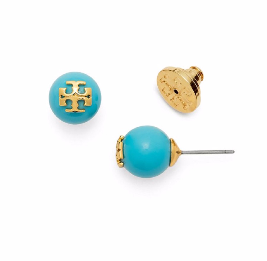 Tory Burch Turquoise Crystal Pearl Stud Earrings with T-Logo